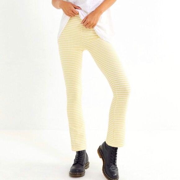 Urban Outfitters Yellow White Texture Checked Pattern Flare Leg Retro Pants - Picture 1 of 13
